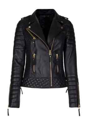 Motorcycle Soft Biker Women's Genuine Lampskin Handmade Leather Black Jacket Fit