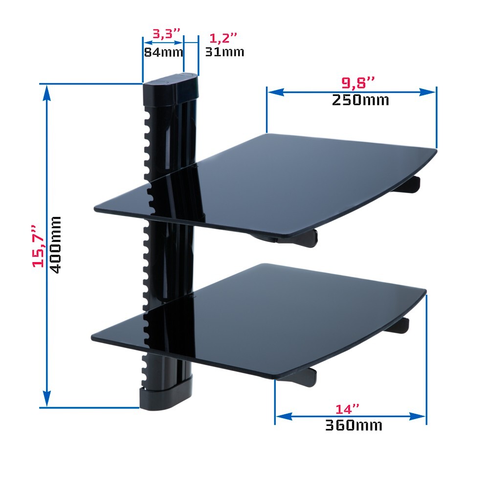 Adjustable Dual AV Tempered Glass Wall Mount Shelf for Media Devices & Speakers