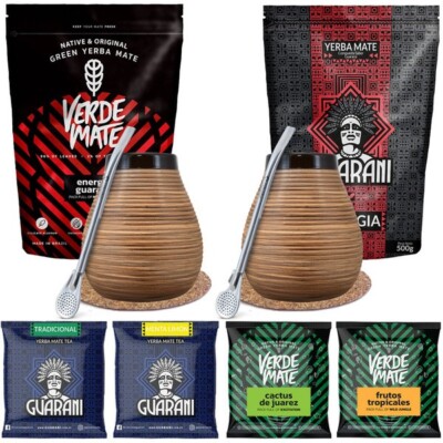 Mate Tee Verde Mate Guarana Yerba 2x 500g + 4x50g Honig Kalebasse Becher 350 ml