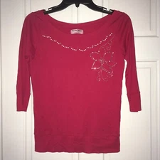 Michael Stars red 3/4 sleeve shirt with jewel flower design, One Size Fits Most