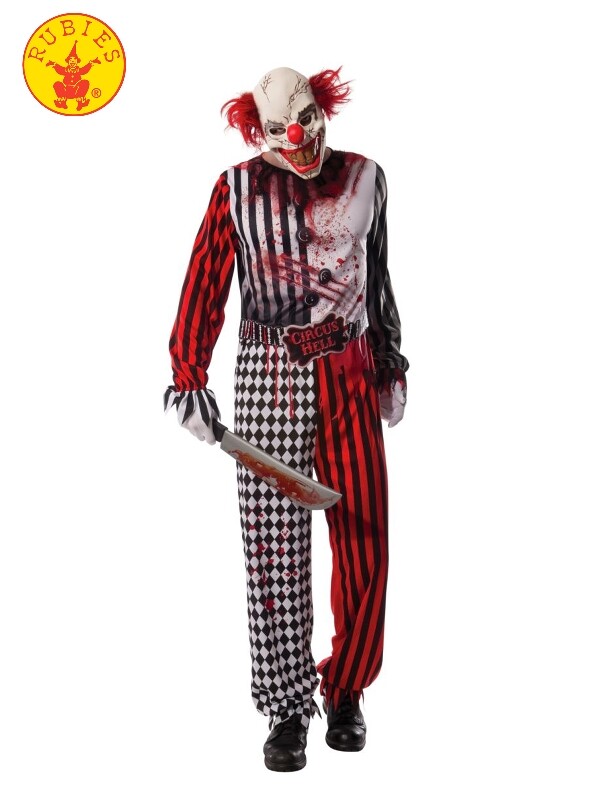 Mens Evil Clown Costume Jester Jumpsuit Halloween Horror IT Circus
