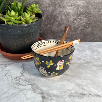 Lucky Money Cat Maneki Neko Black  Ramen Noodle Rice Bowl W/chopsticks & spoon