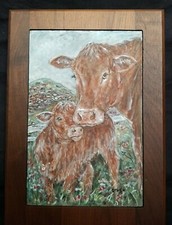 Original Oil Painting Of Cows In Slate Framed In Wood,  8×12 Inches Rectangular