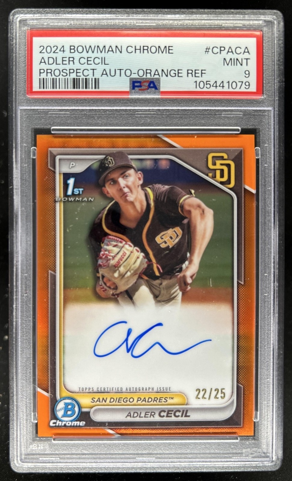 2024 Bowman Chrome Adler Cecil Auto Orange Refractor 1st #/25 Padres PSA 9