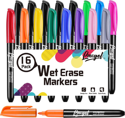 Wet Erase Markers, Bulk Pack of 16 (12 Colors) Fine Tip Overhead Transparency 