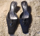 NINE WEST Black Satin Mules w/Embellishment,  Vintage, 7M, Kitten Heels, EUC