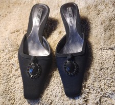 NINE WEST Black Satin Mules w/Embellishment, Vintage, 7M, Kitten Heels, EUC