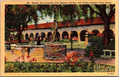MISSION SAN FERNANDO from Memory Garden FATHER JUNIPERO SERRA Statue Postcard