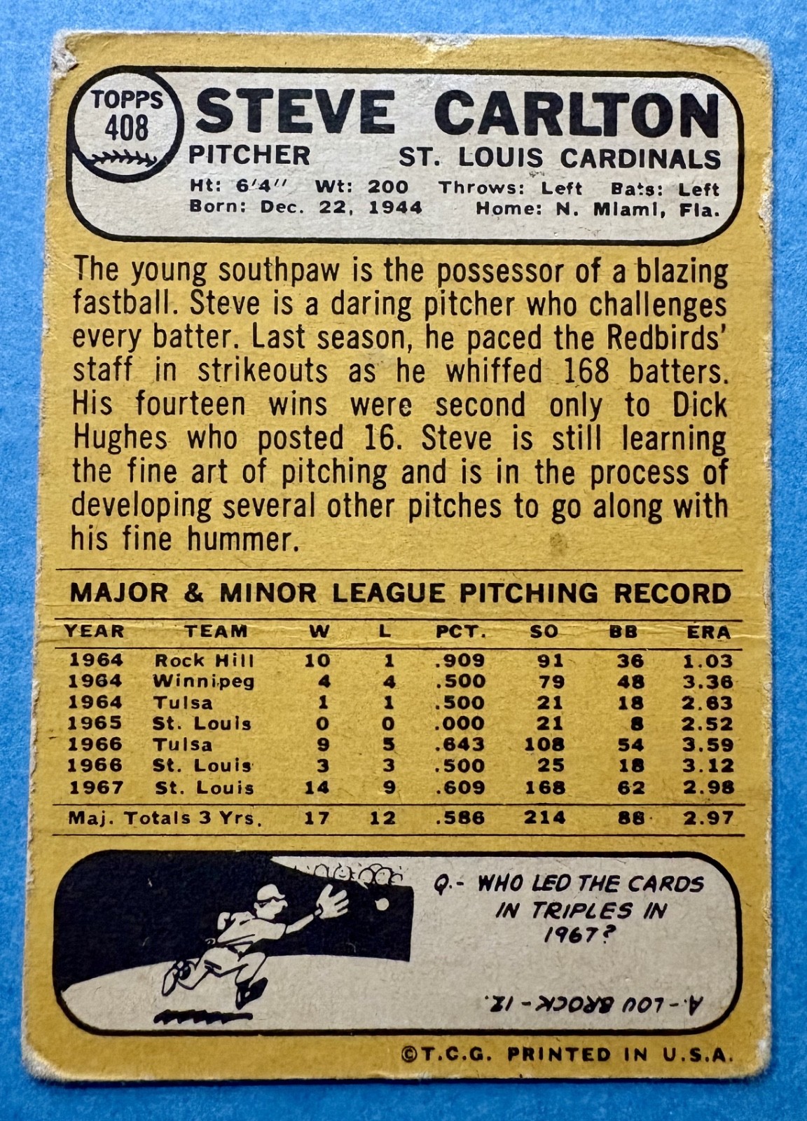 1968 Topps #408 Steve Carlton St. Louis Cardinals HOF Vintage VG PSA 3 Candidate view 2