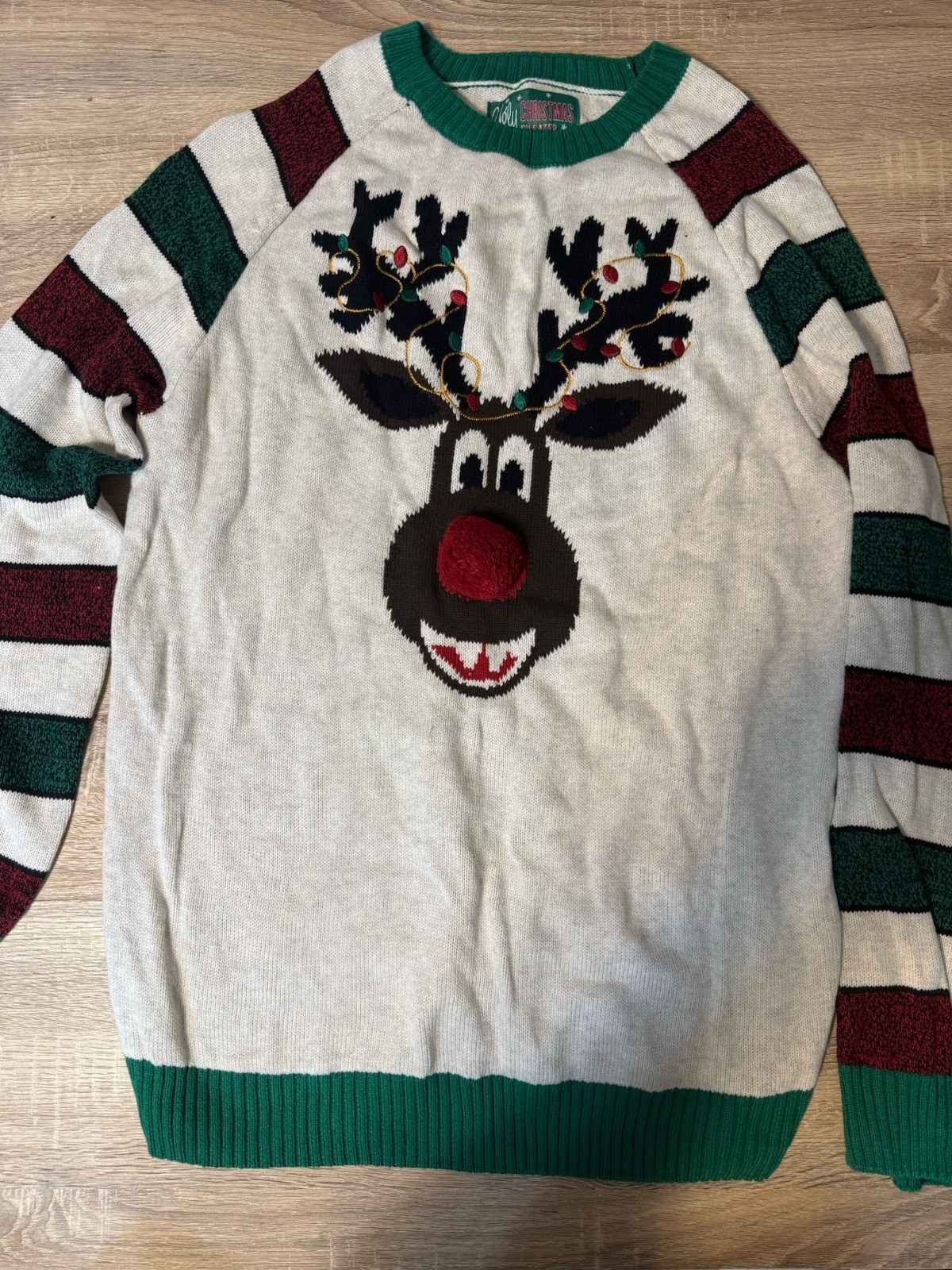Ugly Christmas Sweater Reindeer Pom-Pom Striped Knit Men's XL Green Red Pullover