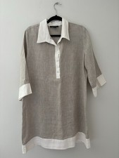 KAREN KANE 100% Linen Shift Dress Large Oatmeal White Trim Collared 3/4 Sleeve
