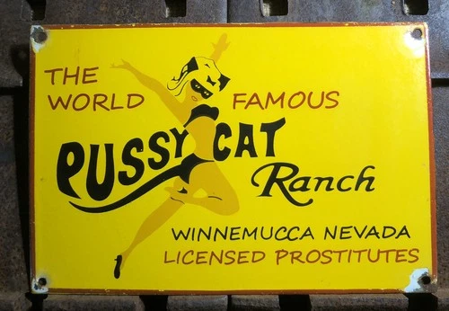 VINTAGE WORD FAMOUS PUSSY CAT RANCH 12” PORCELAIN SERVICE OIL GAS SIGN