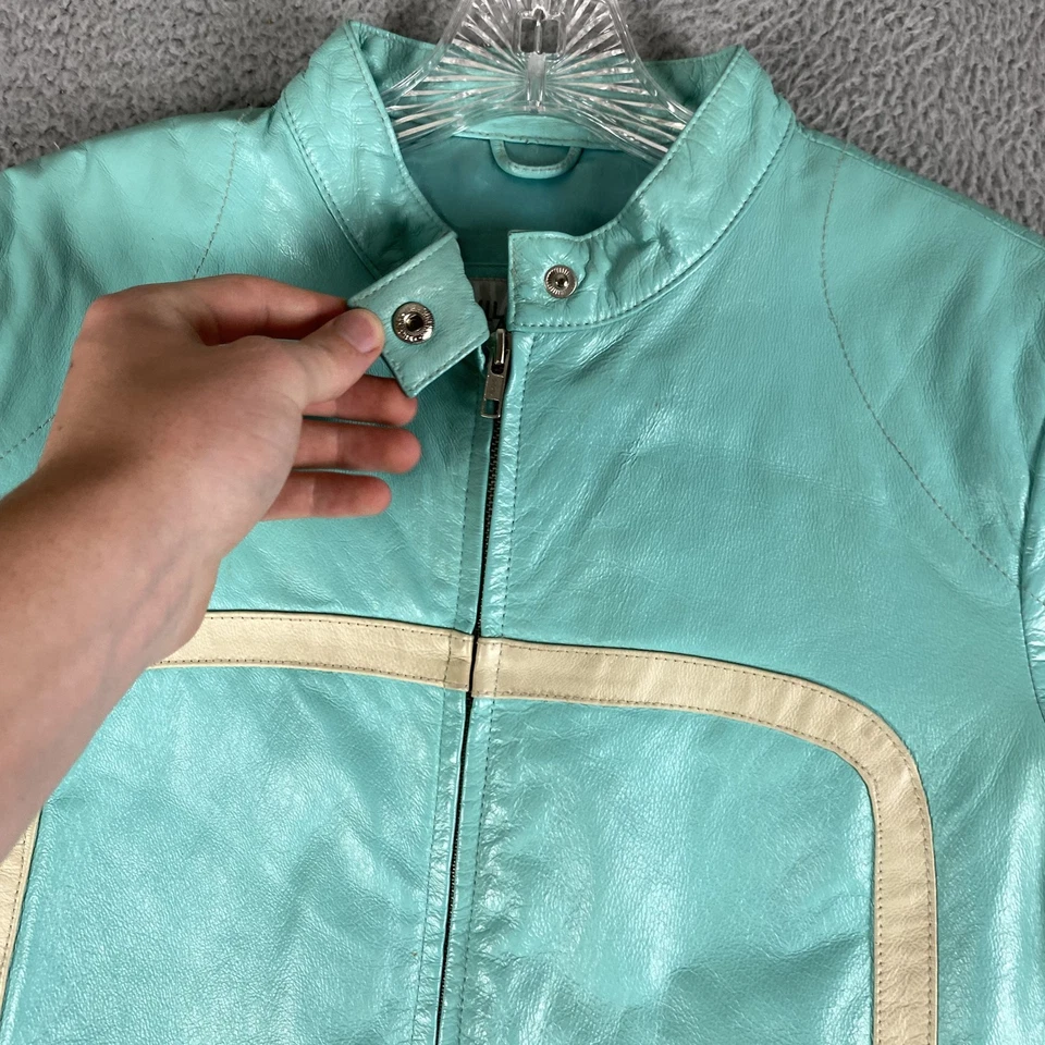 Chaqueta Máxima de Cuero Wilson DE COLECCIÓN para Mujer Grande Verde Azulado Moto Rayas Carreras Años 90 Foto 4 de 4