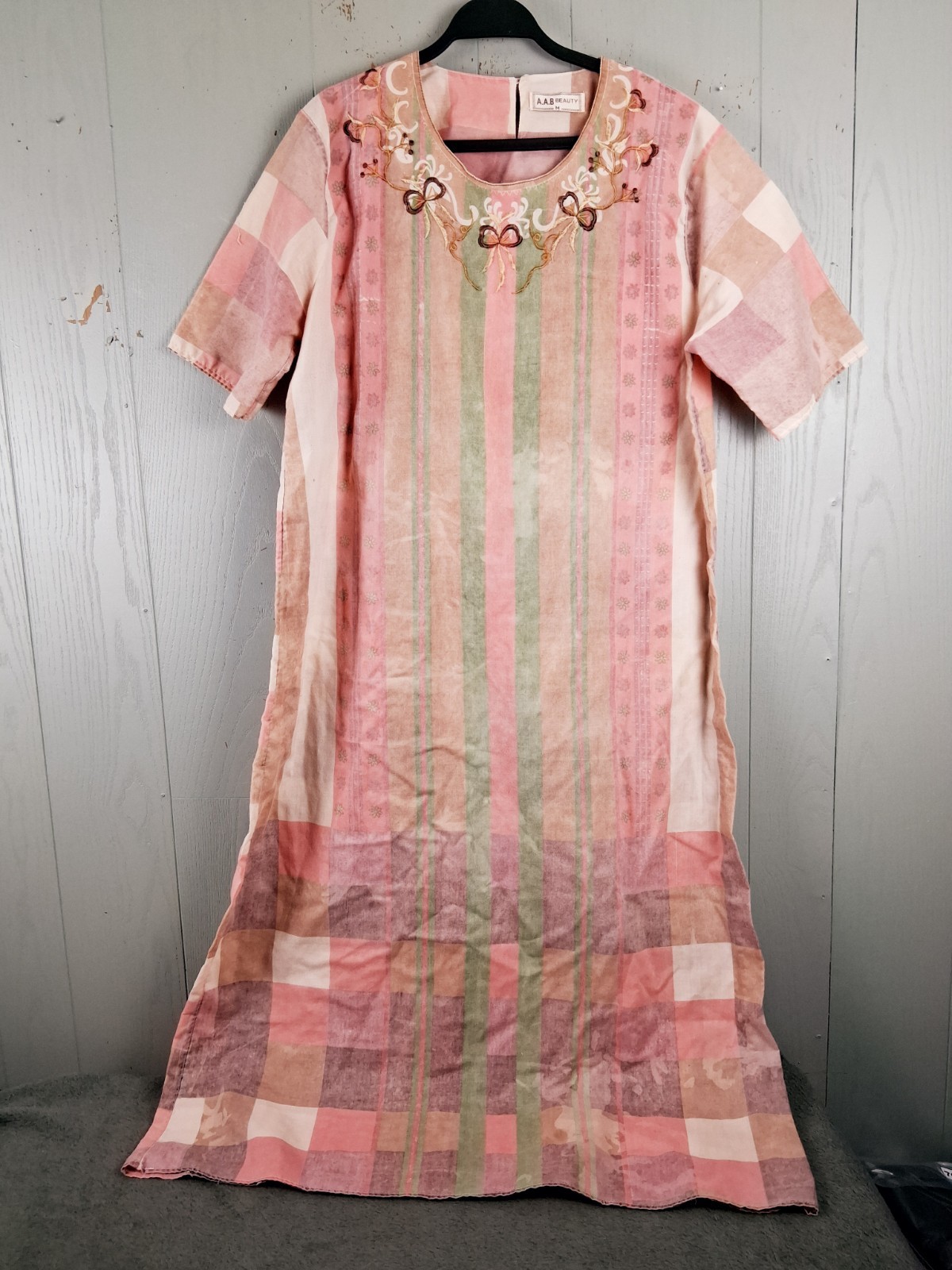 Boho Patchwork Dress Medium Pink Plaid Modest Max… - image 1