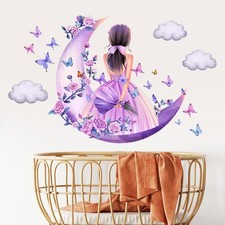 Butterfly Girl Wall Decals Purple Moon Flower Fairy Princess Wall Stickers Ro...