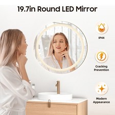 20in Round Lighted Mirror Adjustable LED Bath Vanity Wall-Mounted Touch Anti-Fog