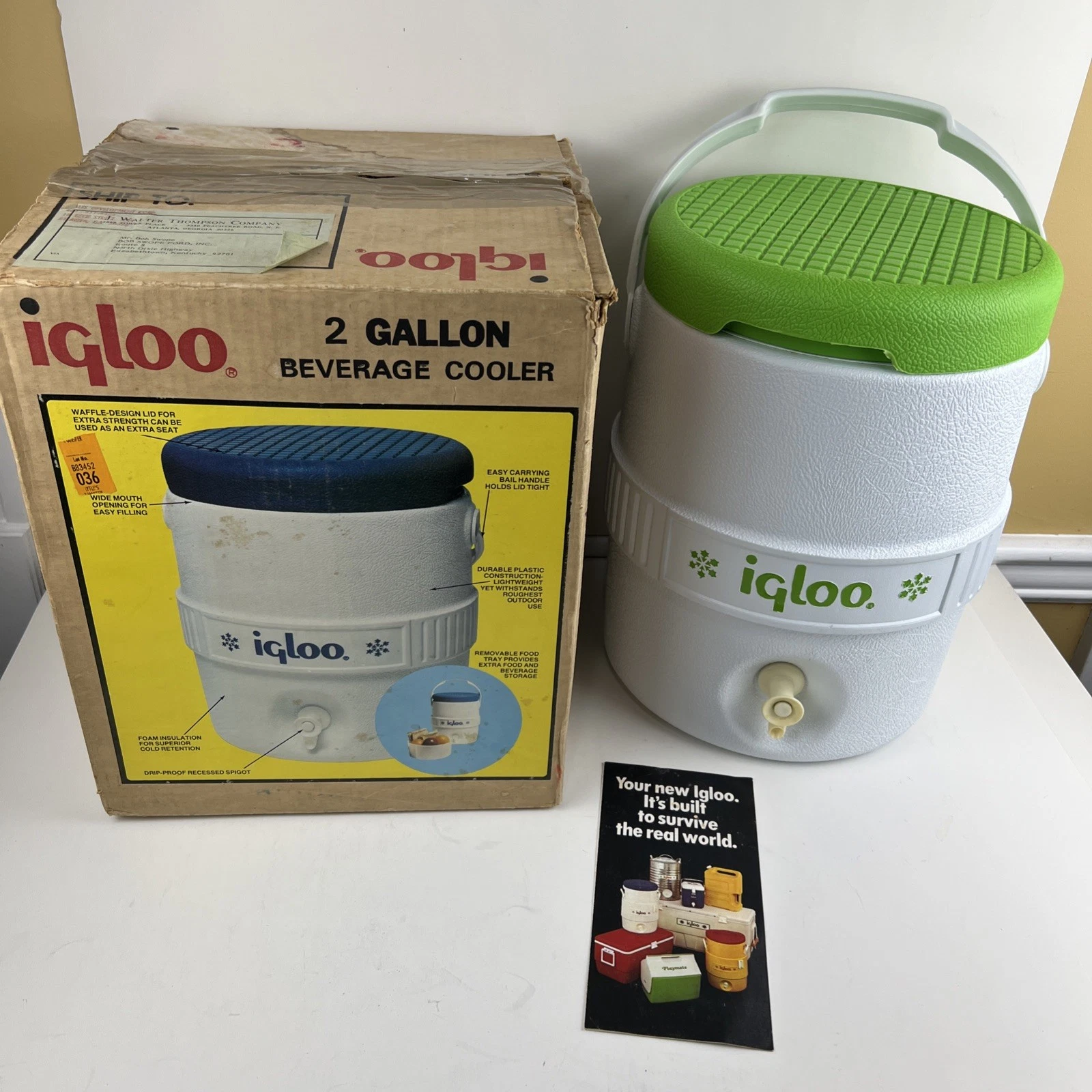 VTG IGLOO BEVERAGE COOLER 1621 LIME GREEN WHITE 2 GALLON HTF COLOR