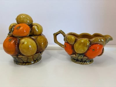 Inarco Japan Vtg MCM 3558 Fruit Orange Spice Ceramic Creamer & Sugar Bowl w/ Lid