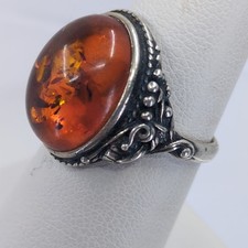 Vintage Large 16mm Dome Natural Baltic Amber Floral Motif Sterling Silver Ring
