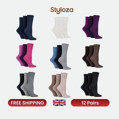12 Paar Crew-Diabetikersocken weich Baumwolle für Damen UK 4 8 atmungsaktiv