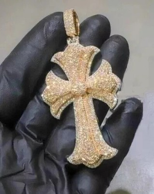 5Ct Round Cut Real Moissanite Cross Men's Charm Pendant 14K Yellow Gold Plated
