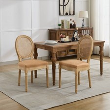 Silla de comedor estilo francés de madera maciza antigua tela de lino con respaldo de ratán, juego de 2
