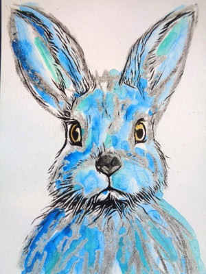 ATC  ACEO  -  BLUE BUNNY RABBIT  Art  *********  SALE!!
