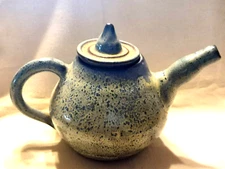 Teapot w Lid Pottery Stoneware Tea Pot Blue Speckled Signed Carrie '04 Redware