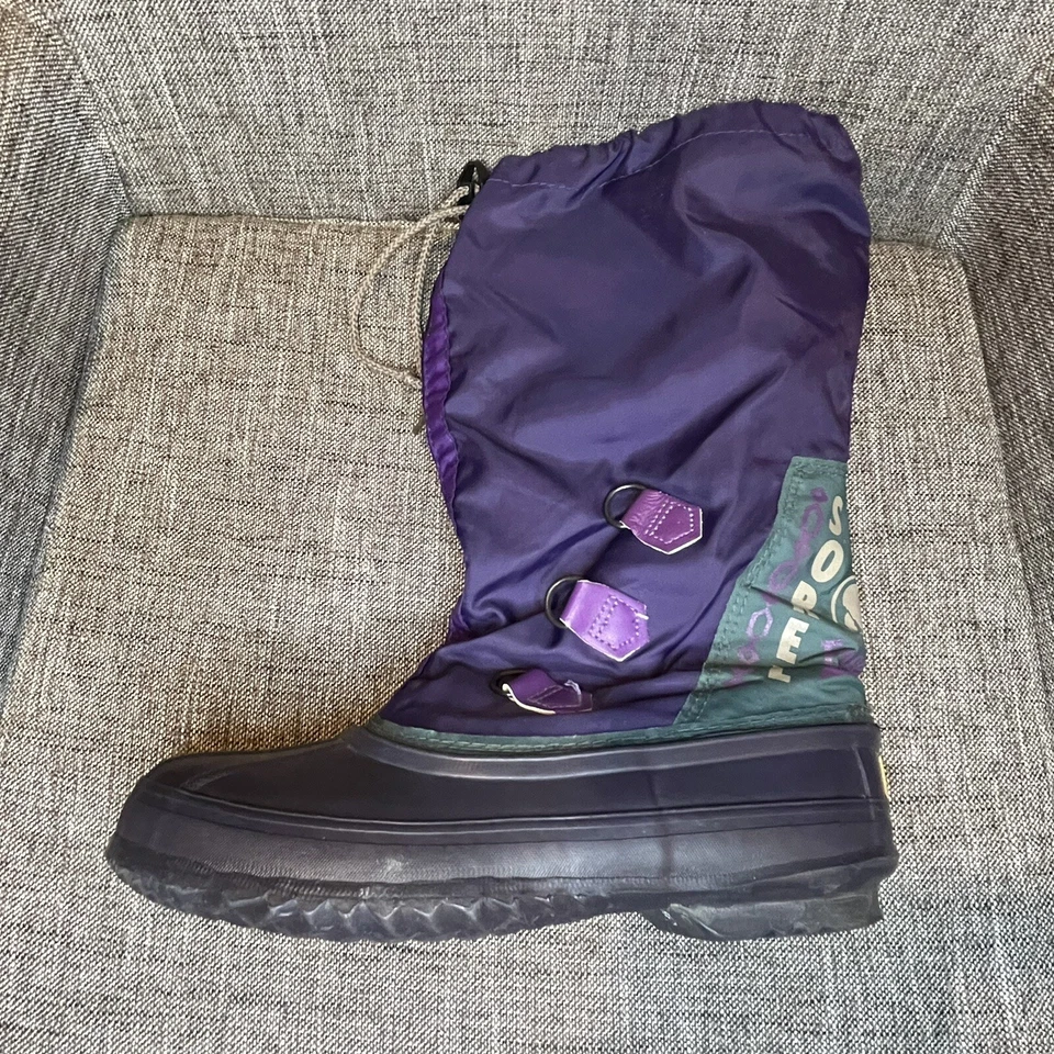 Винтажные женские зимние сапоги Sorel фристайл размер 8 зеленые фиолетовые высокие 90-е без шнурков - Изображение 3 из 4