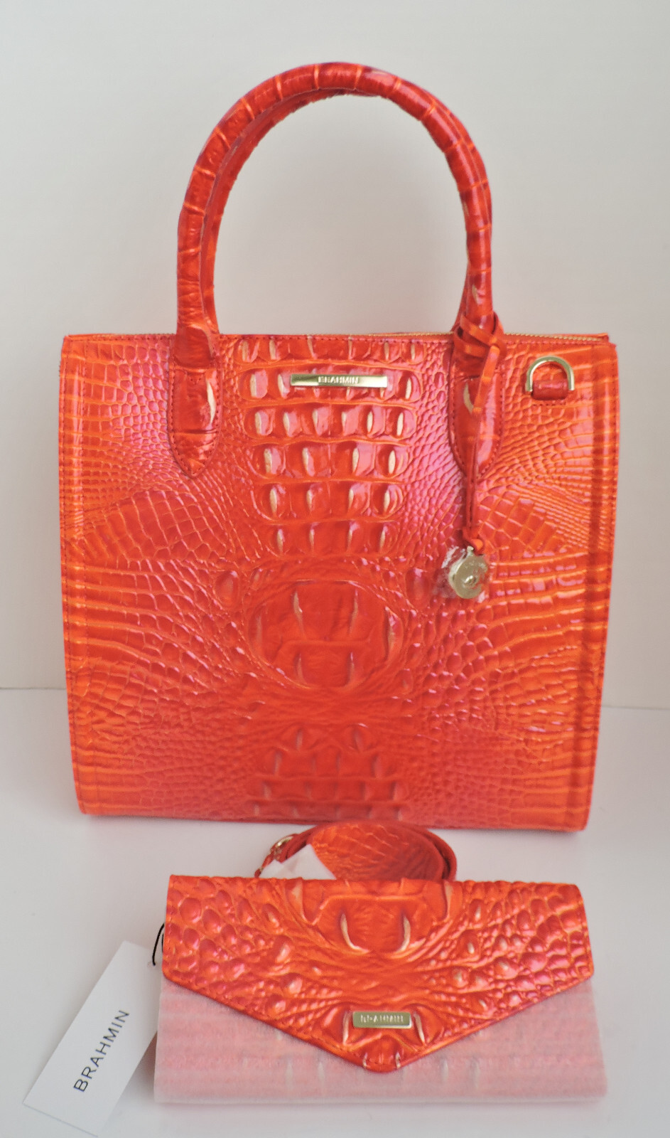 Brahmin Caroline Flame Orange Melbourne Leather Satchel with Veronica Wallet NWT