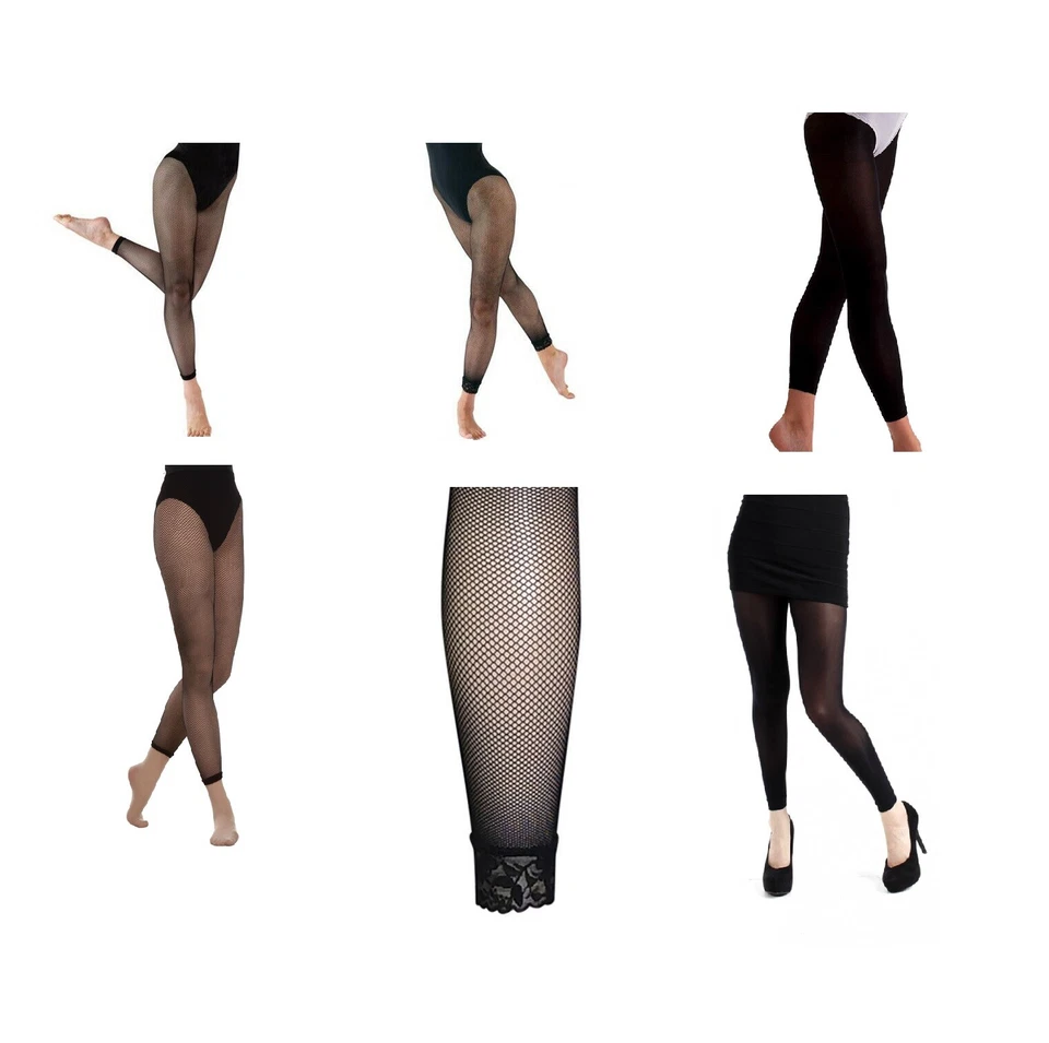 Girls Womens Fishnet Dance Tights Footless Natural - Black Plain or Lace Cuff