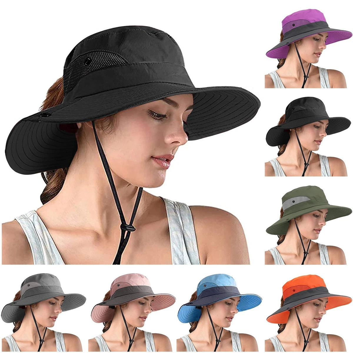 Women Wide Brim Ponytail Hat Sun Protect Visor Summer Beach-Cap Anti UV  Floppy