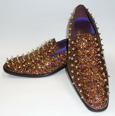 AM 6788 S Mens Super Glitter Dress Loafer Shoe Huge Spike Metallic Brown  Bronze