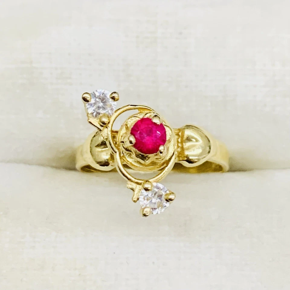 Anillo de boda giratorio de oro amarillo de 14k rubí rosa y corazón de flor circonita cúbica talla 3 Foto 4 de 4