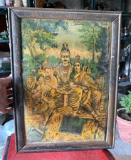 Raja Ravi Varma Press Vintage Lithograph Print Of Shiva Parivaar Family Framed