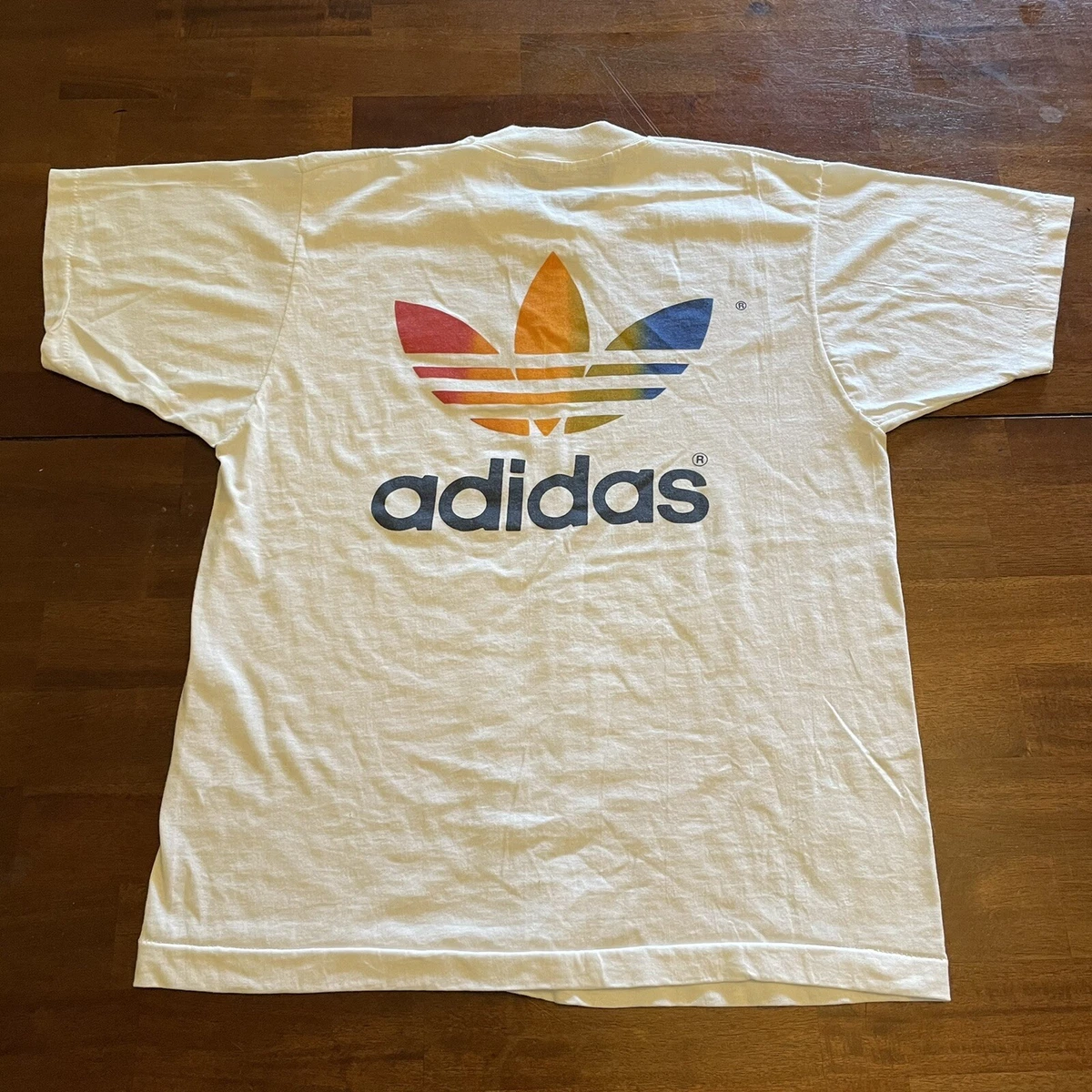 Vintage Adidas Rainbow Trefoil Shirt Single Stitch White Marathon Large