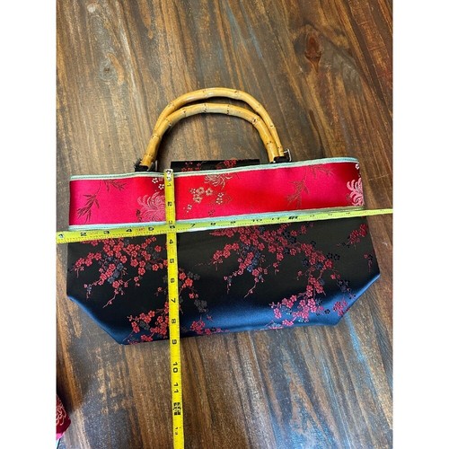 Yans NY Asian Floral Purse Bamboo Handle Evening Satchel Bag Red Black - Picture 2 of 15