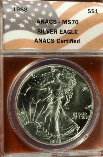 1988 MS70 American Silver Eagle Anacs  Flag Label Great Date