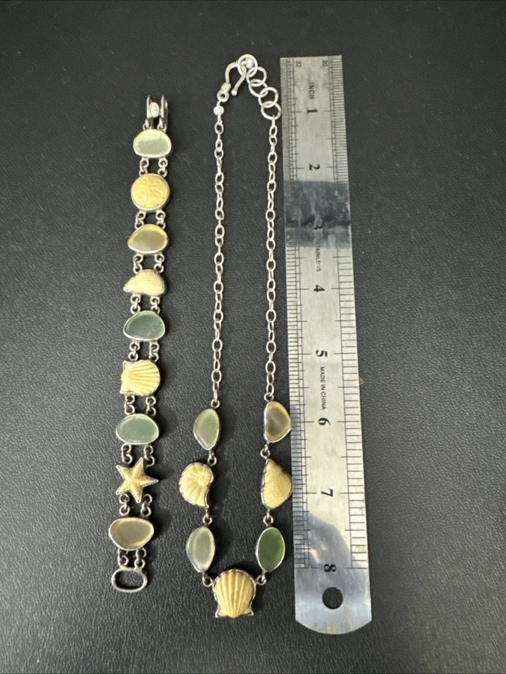Collar y PULSERA DE COLECCIÓN JESSICA LEE ARTESANAL DE PLATA ESTERLINA concha y vidrio marino JL Foto 3 de 4