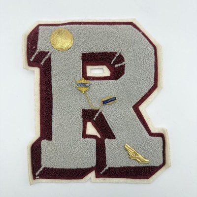 Vintage Varsity Chenille Letterman R Patch Riverbank High School Gray Maroon