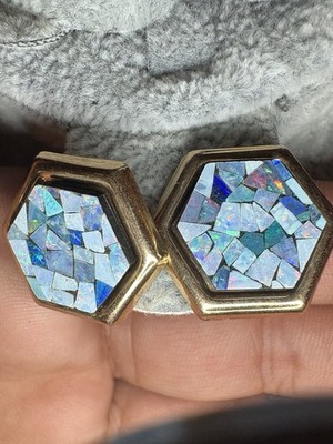 14k Gold Natural Mosaic Opal Stone 20mm Earrings Post stud Peter Brams 2.60G