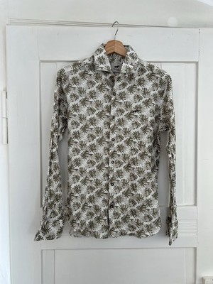 TECKEL Gilbert Hemd M Beige Leinenoptik Blätter Slim Fit Casual Blumen Sommer