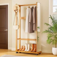 Bamboo Luxury Full Length Mirror Floor Body Mirror With Coat Rack Hook Hall Tree