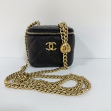 Chanel Black Caviar Quilted Heart Charm Mini Vanity Case Chain Shoulder Bag