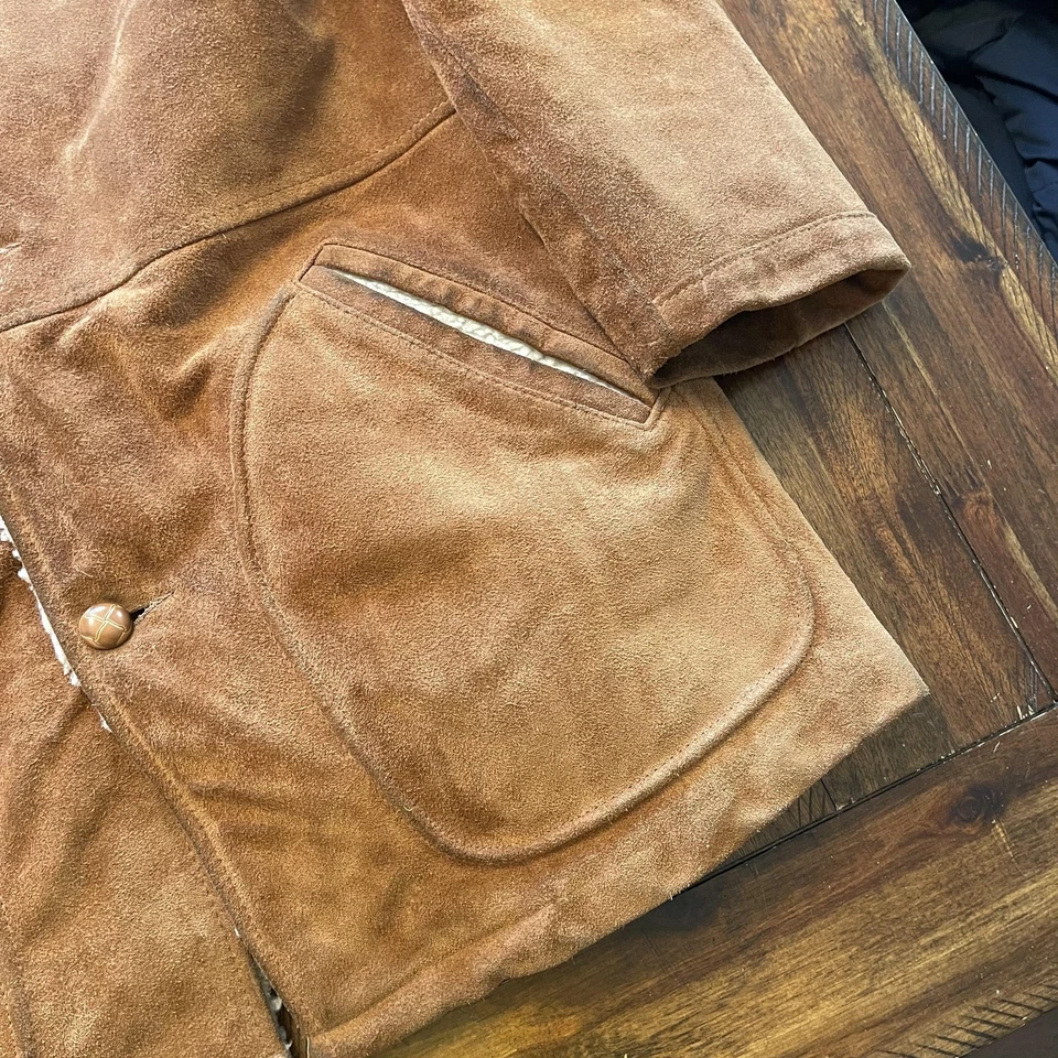 Vintage Sears Fieldmaster Coat Mens 44 Suede Sherpa Lined Brown Western 70s - Image 4 of 4