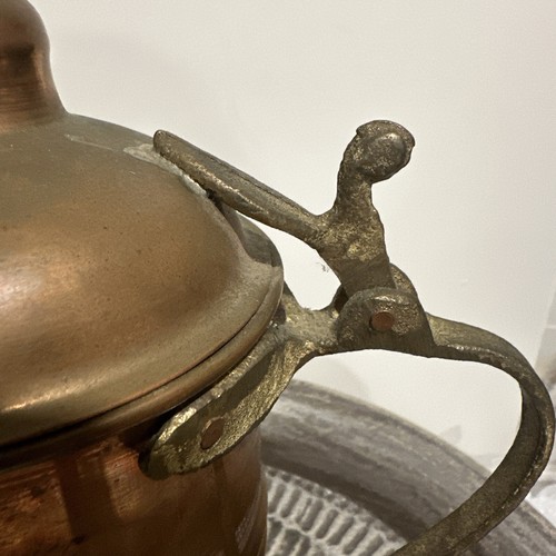 Vintage Copper and Brass Pitcher with Hinged Lid Made in Turkey 11”H 8”W - Picture 7 of 11