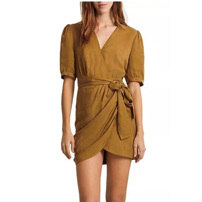 BA&SH Womens Ada Wrap Mini Dress Size 2 Medium Tan Camel Short Sleeve NWT