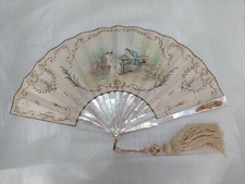 ANTIQUE MOTHER OF PEARL AND HAND PAINTED PAPER HAND FAN