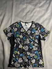 CHEROKEE Heart Designed V Neck Scrub Top w/ Blk Side Stretch Pannels SZ M
