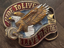 Vintage 1982 Belt Buckle " Ride to Live Live to Ride" Motorcycle Eagle Colors